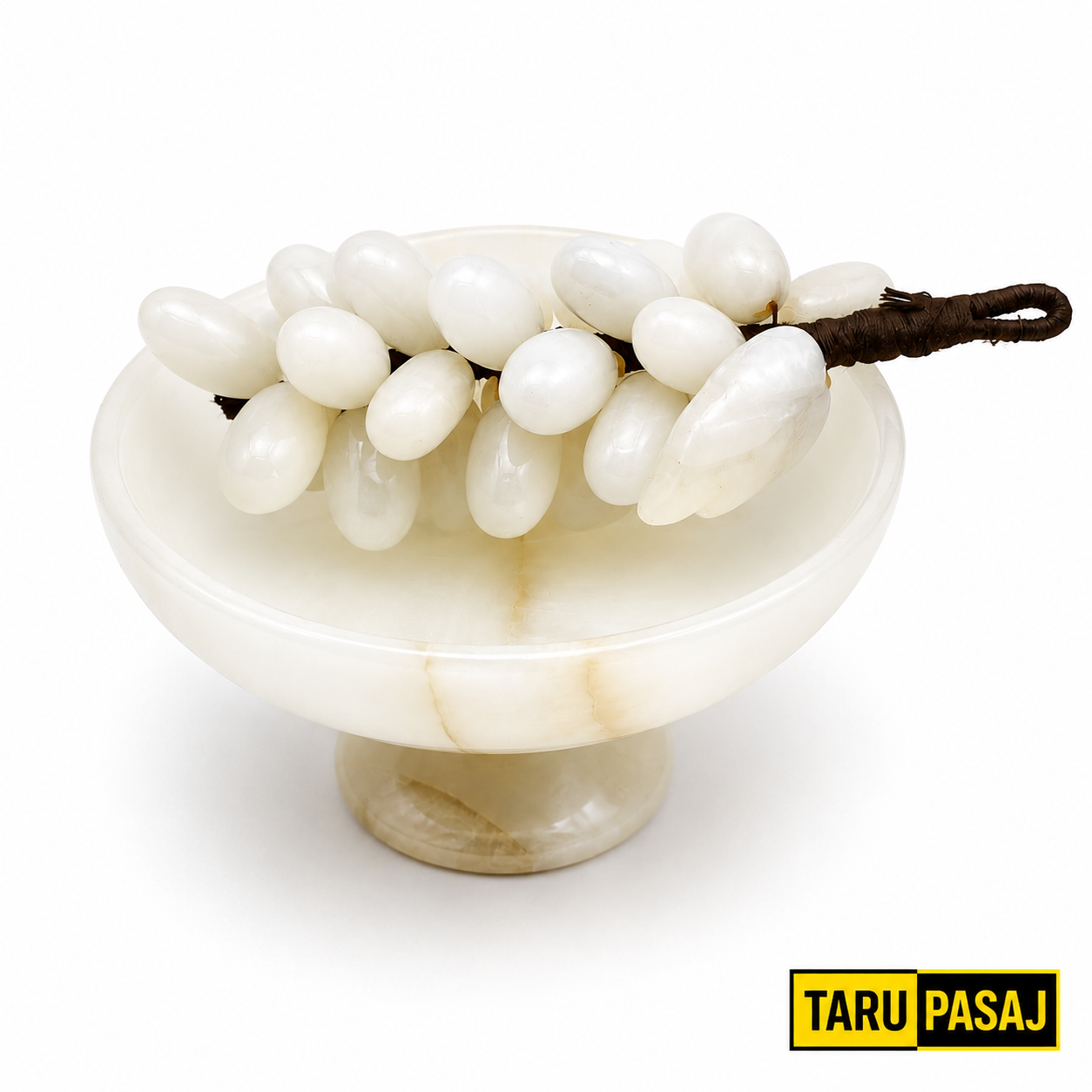 Feng Shui Bereket Üzümü ve Van Taşı Ayaklı Çanak Seti | 30 Taneli Doğal Taş Üzüm Salkımı Dekor – 5 İnç El Yapımı Çanak