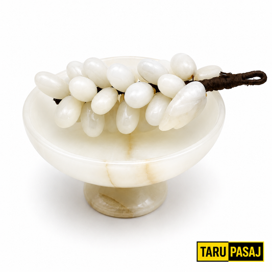 Feng Shui Bereket Üzümü ve Van Taşı Ayaklı Çanak Seti | 30 Taneli Doğal Taş Üzüm Salkımı Dekor – 5 İnç El Yapımı Çanak