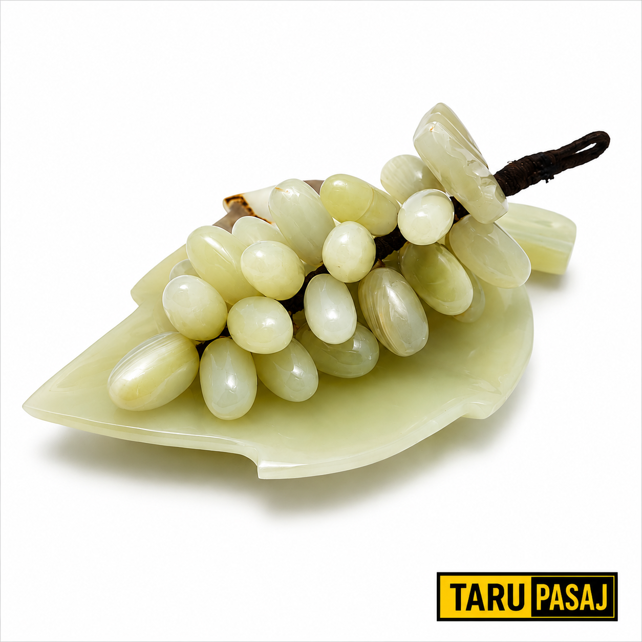 Doğal Oniks Taş Yaprak Tabak & 30 Taneli Üzüm Salkımı – Feng Shui Dekor Objesi