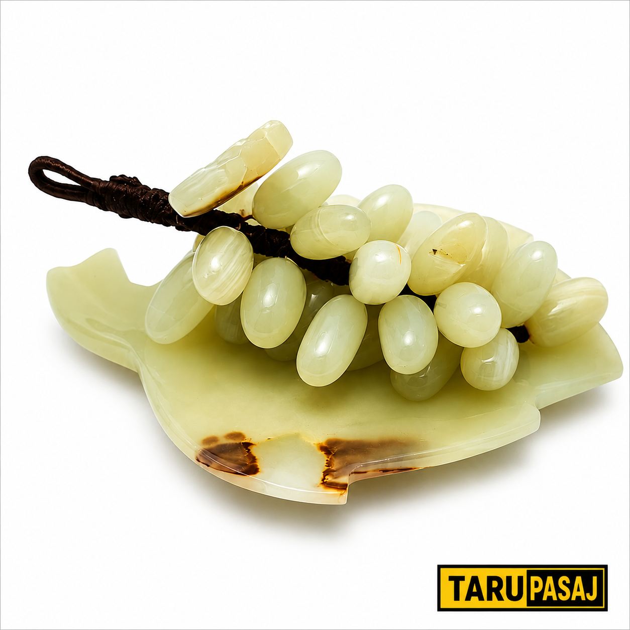 Doğal Oniks Taş Yaprak Tabak & 30 Taneli Üzüm Salkımı – Feng Shui Dekor Objesi