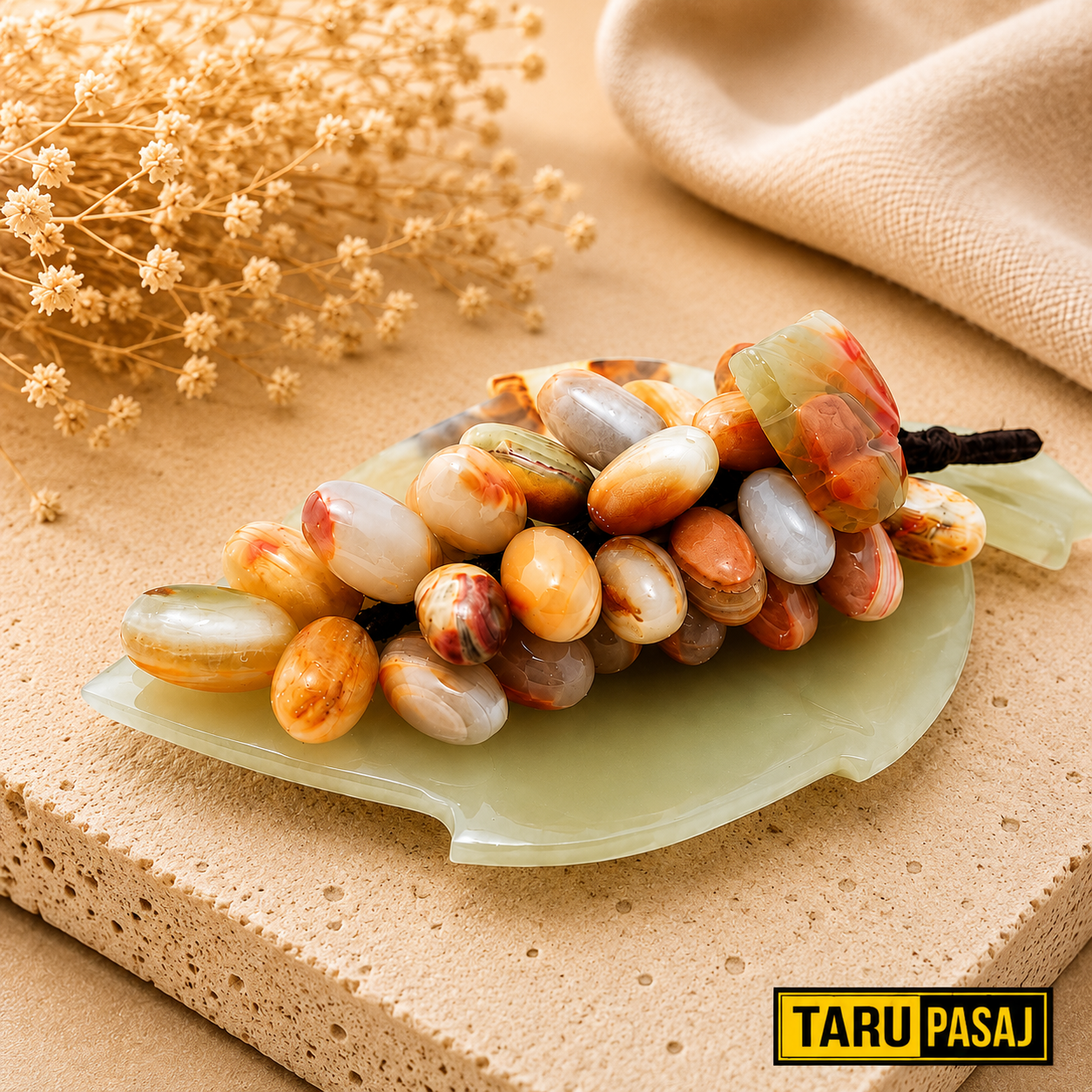 Doğal Oniks Taş Yaprak Tabak & 30 Taneli Üzüm Salkımı – Feng Shui Dekor Objesi