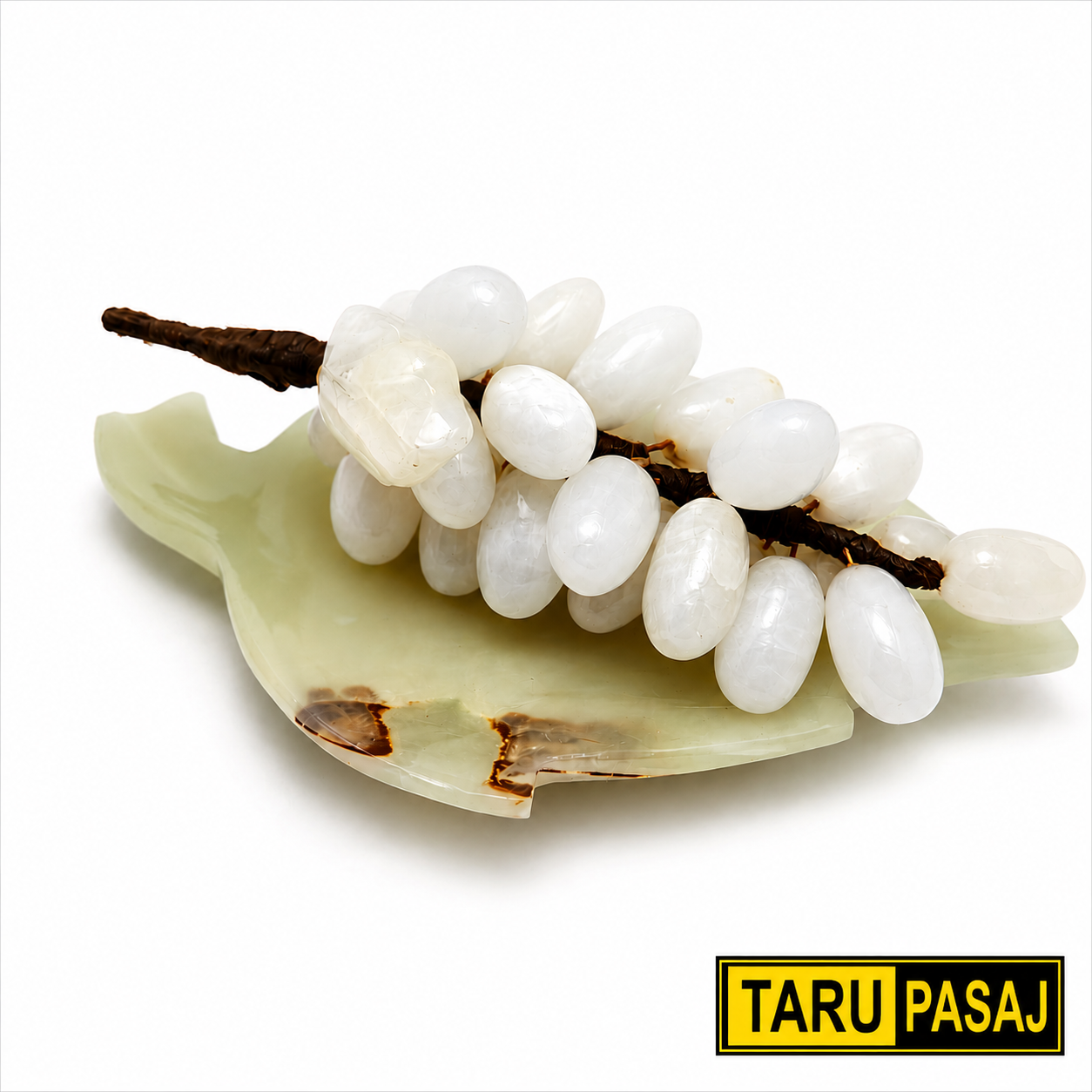 Doğal Oniks Taş Yaprak Tabak & 30 Taneli Üzüm Salkımı – Feng Shui Dekor Objesi