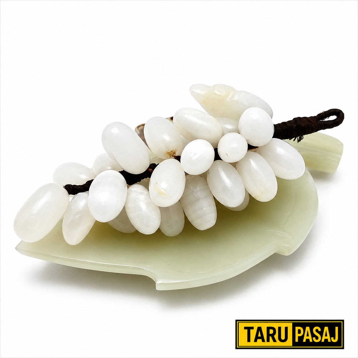 Doğal Oniks Taş Yaprak Tabak & 30 Taneli Üzüm Salkımı – Feng Shui Dekor Objesi
