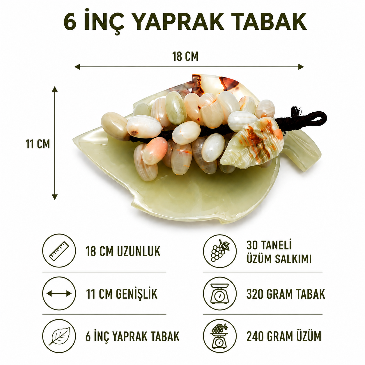 Doğal Oniks Taş Yaprak Tabak & 30 Taneli Üzüm Salkımı – Feng Shui Dekor Objesi