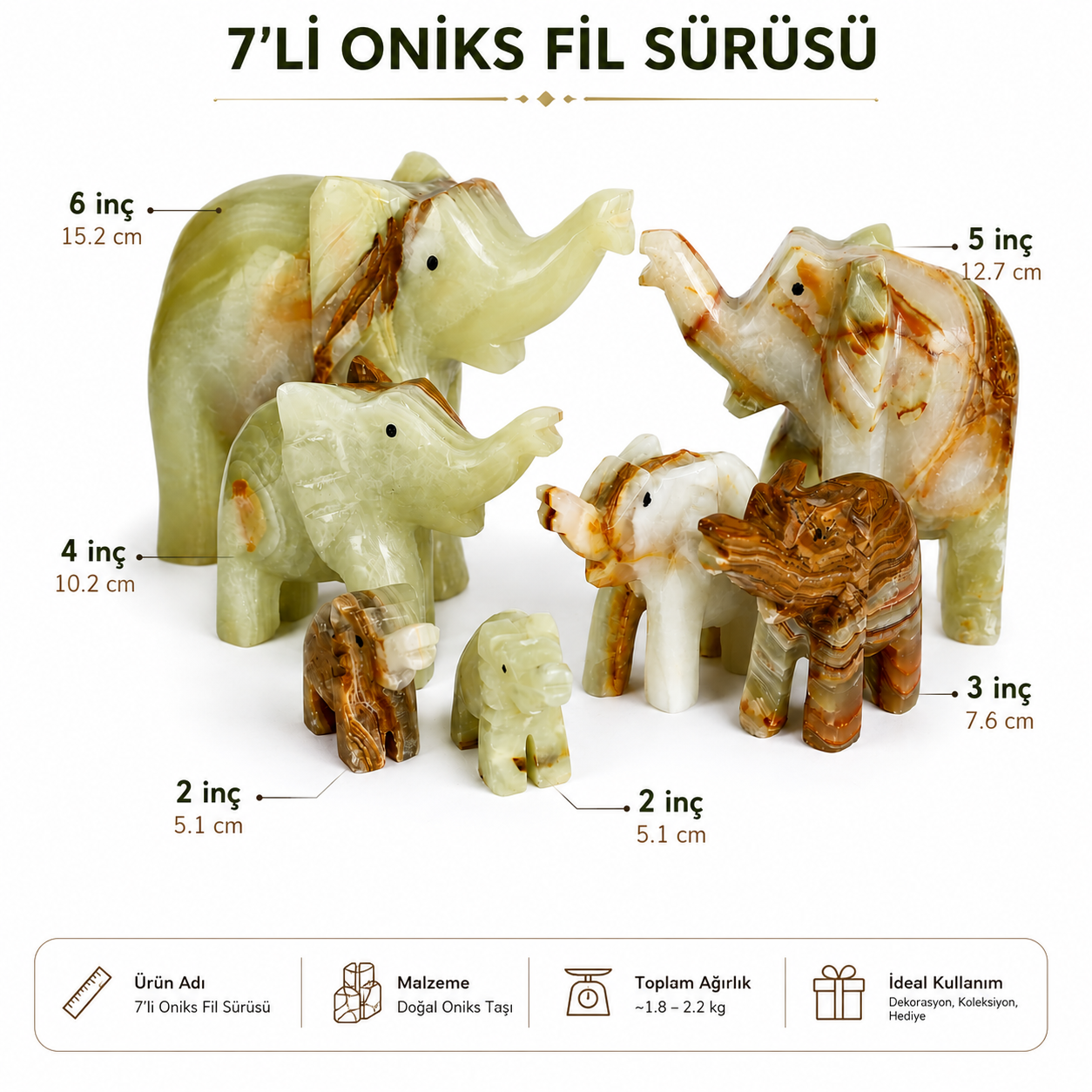 7’li Doğal Oniks Fil Seti Dekoratif Taş Fil Biblo – El Yapımı Feng Shui Şans Fil Sürüsü Ev Ofis Dekoru
