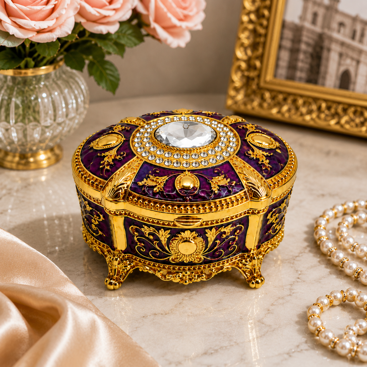 Kristal Taşlı Oval Mücevher Kutusu Kadife İç Kaplamalı Gold İşlemeli Takı Kutusu Dekoratif Saklama Kutusu
