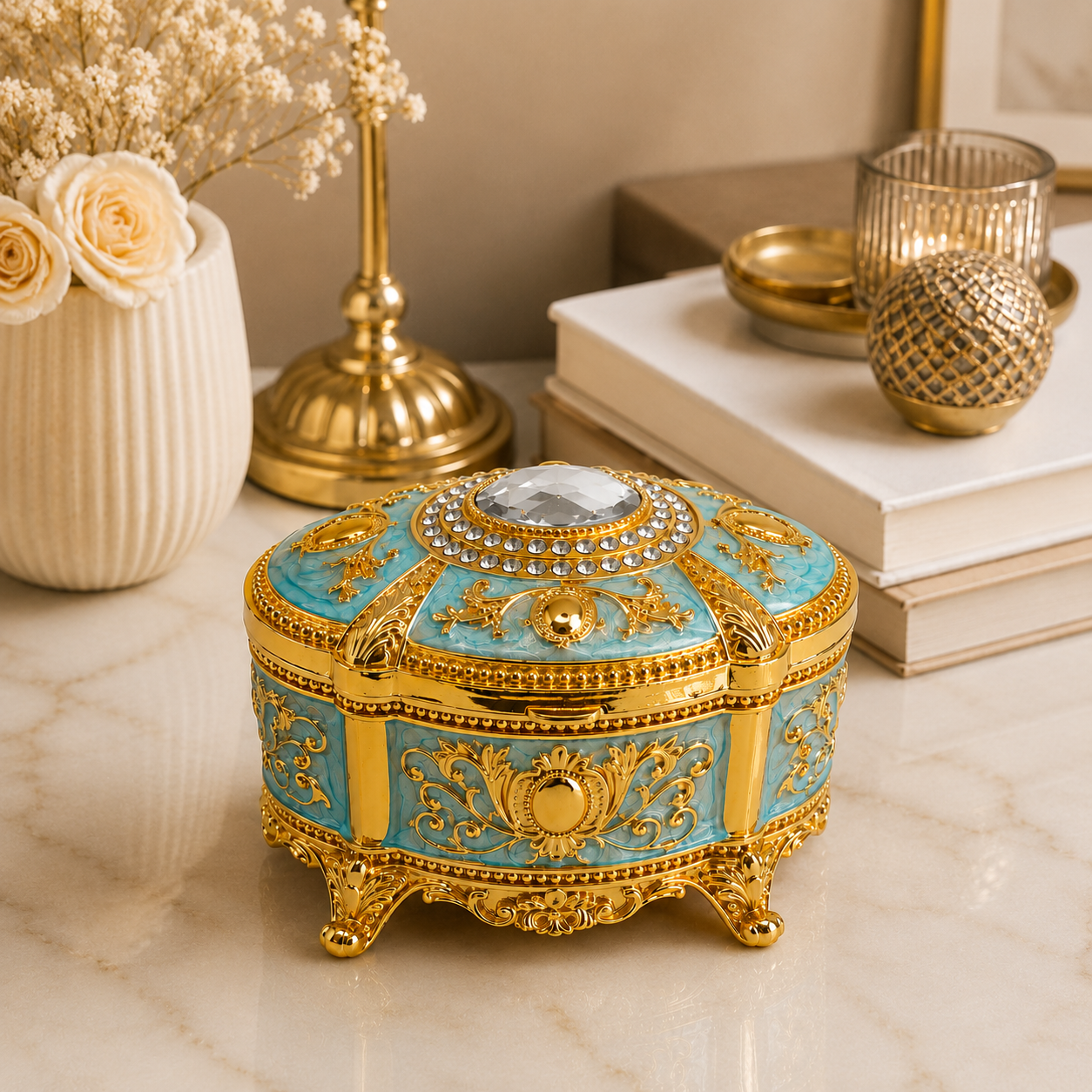 Kristal Taşlı Oval Mücevher Kutusu Kadife İç Kaplamalı Gold İşlemeli Takı Kutusu Dekoratif Saklama Kutusu