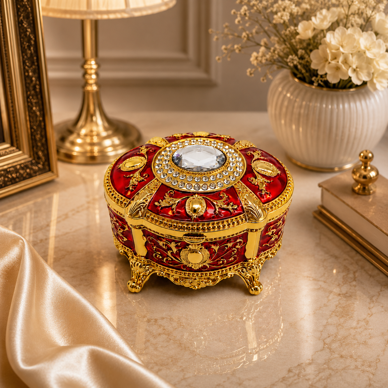 Kristal Taşlı Oval Mücevher Kutusu Kadife İç Kaplamalı Gold İşlemeli Takı Kutusu Dekoratif Saklama Kutusu