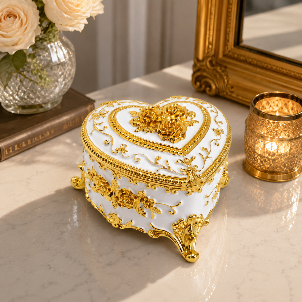 Kalp Şeklinde Mücevher Kutusu Gold İşlemeli Kristal Taşlı Takı Kutusu | 6x9 cm | 5 Renk Seçeneği