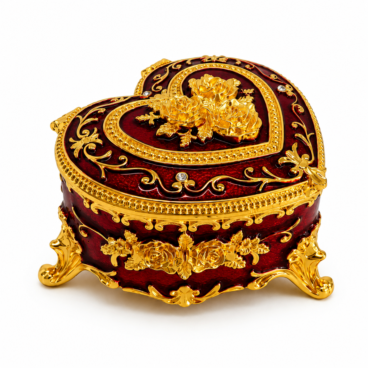 Kalp Şeklinde Mücevher Kutusu Gold İşlemeli Kristal Taşlı Takı Kutusu | 6x9 cm | 5 Renk Seçeneği