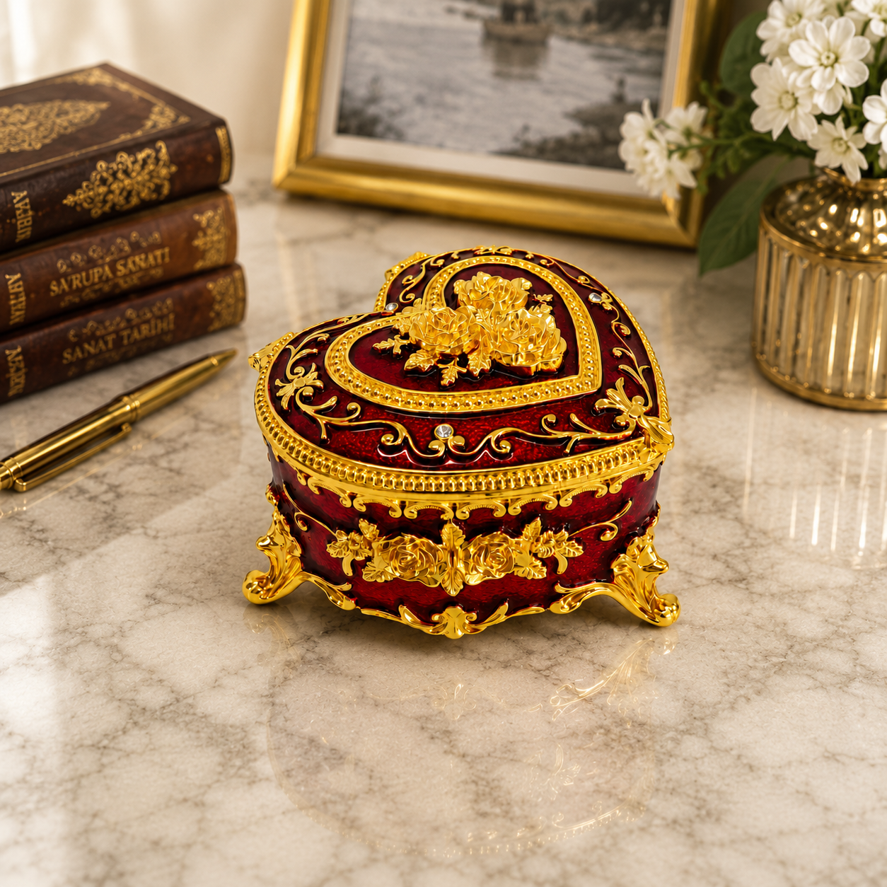 Kalp Şeklinde Mücevher Kutusu Gold İşlemeli Kristal Taşlı Takı Kutusu | 6x9 cm | 5 Renk Seçeneği