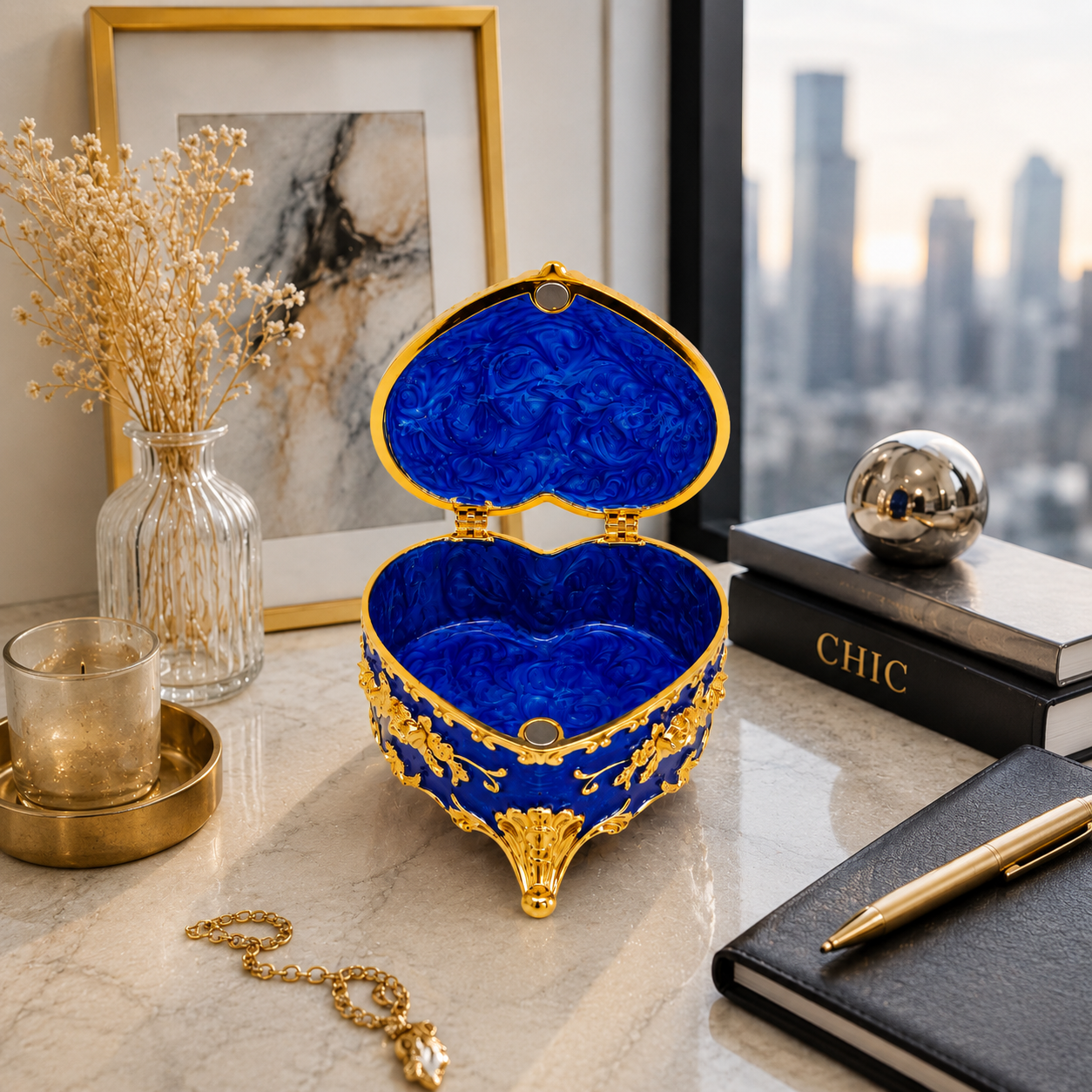 Kalp Şeklinde Mücevher Kutusu Gold İşlemeli Kristal Taşlı Takı Kutusu | 6x9 cm | 5 Renk Seçeneği