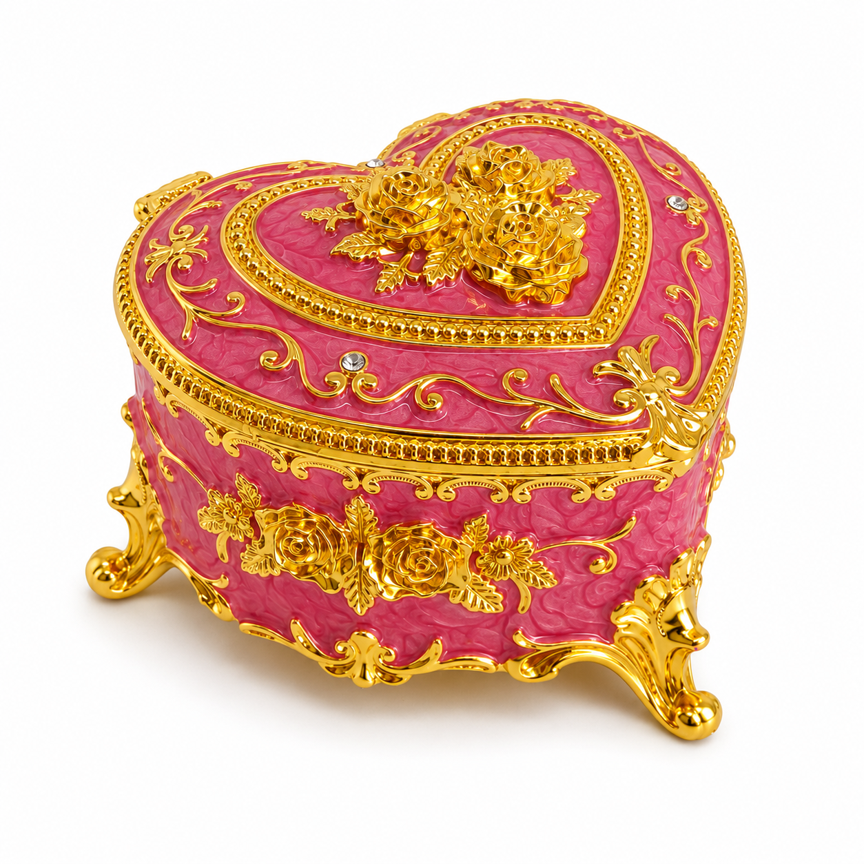 Kalp Şeklinde Mücevher Kutusu Gold İşlemeli Kristal Taşlı Takı Kutusu | 6x9 cm | 5 Renk Seçeneği