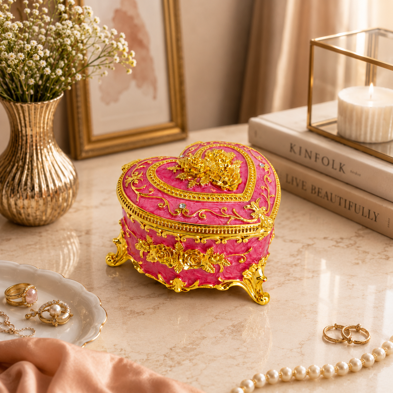 Kalp Şeklinde Mücevher Kutusu Gold İşlemeli Kristal Taşlı Takı Kutusu | 6x9 cm | 5 Renk Seçeneği
