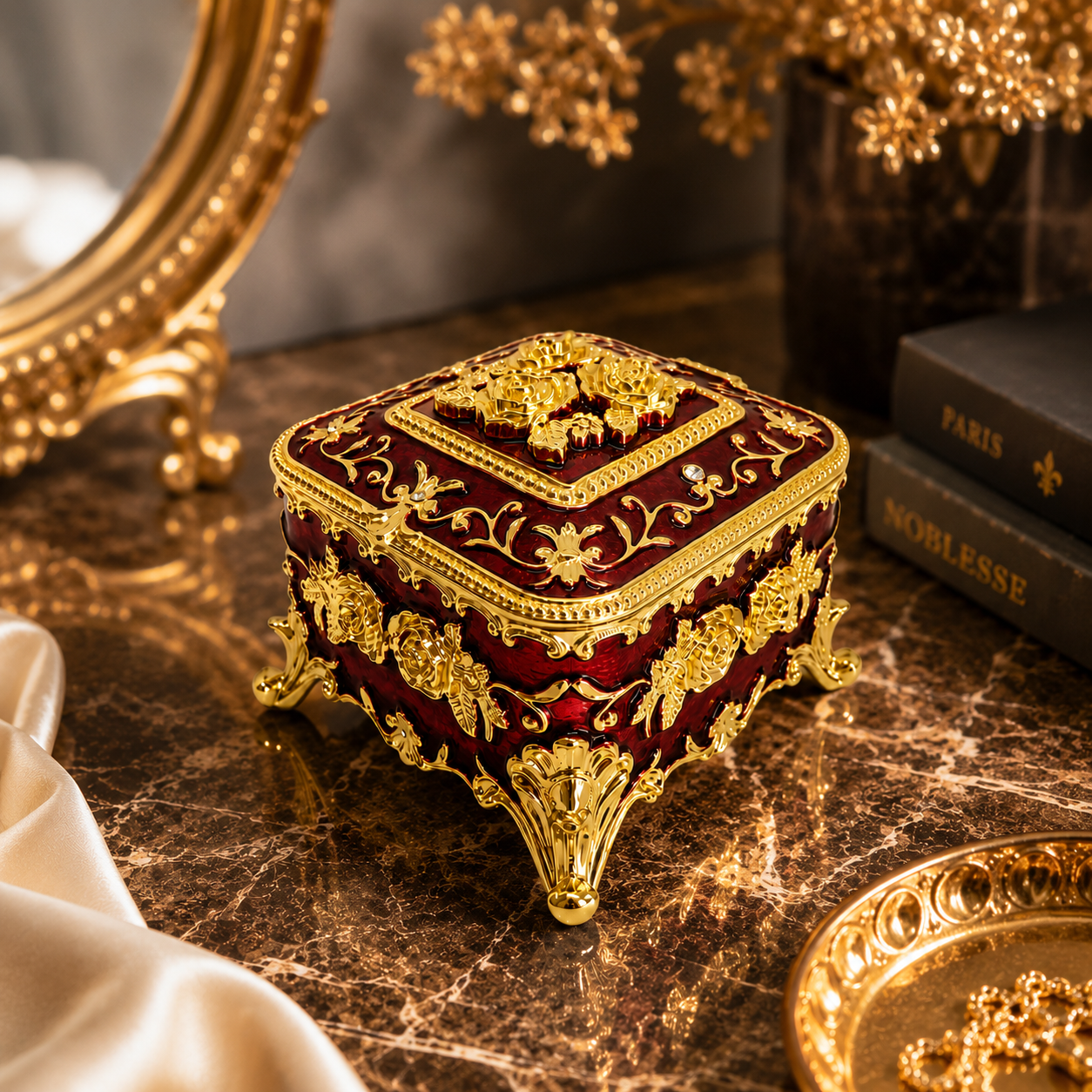 Kare Mücevher Takı Kutusu Yeşil Gold Dekoratif Takı Saklama Kutusu Metal Ayaklı 6x8x8 cm