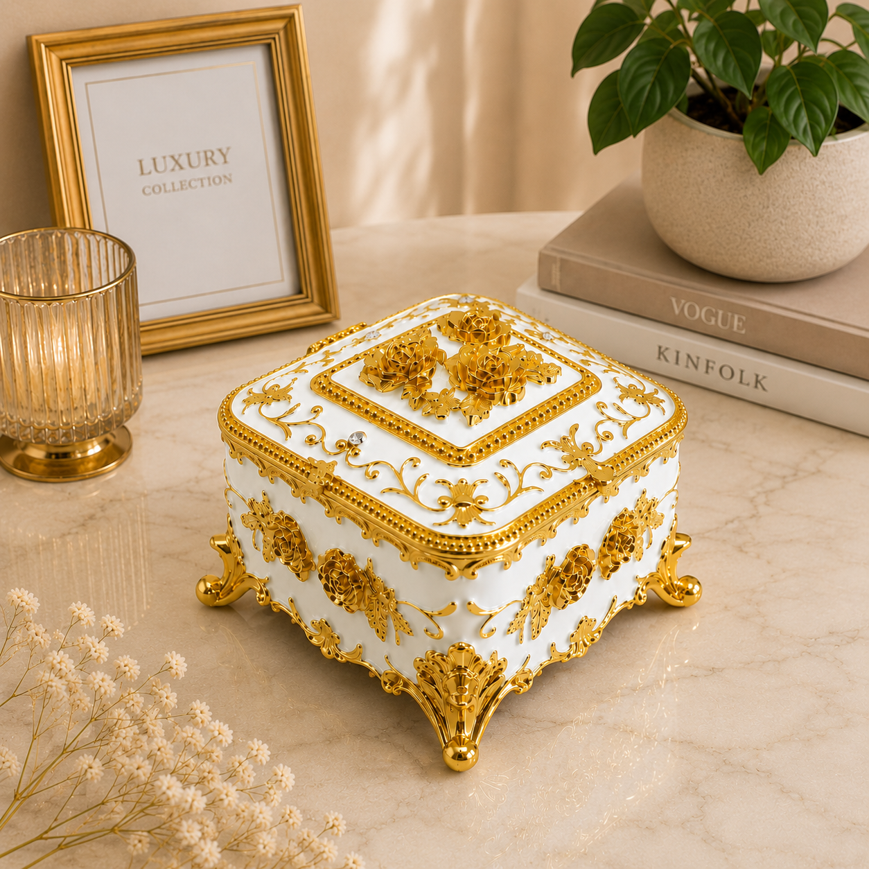 Kare Mücevher Takı Kutusu Yeşil Gold Dekoratif Takı Saklama Kutusu Metal Ayaklı 6x8x8 cm