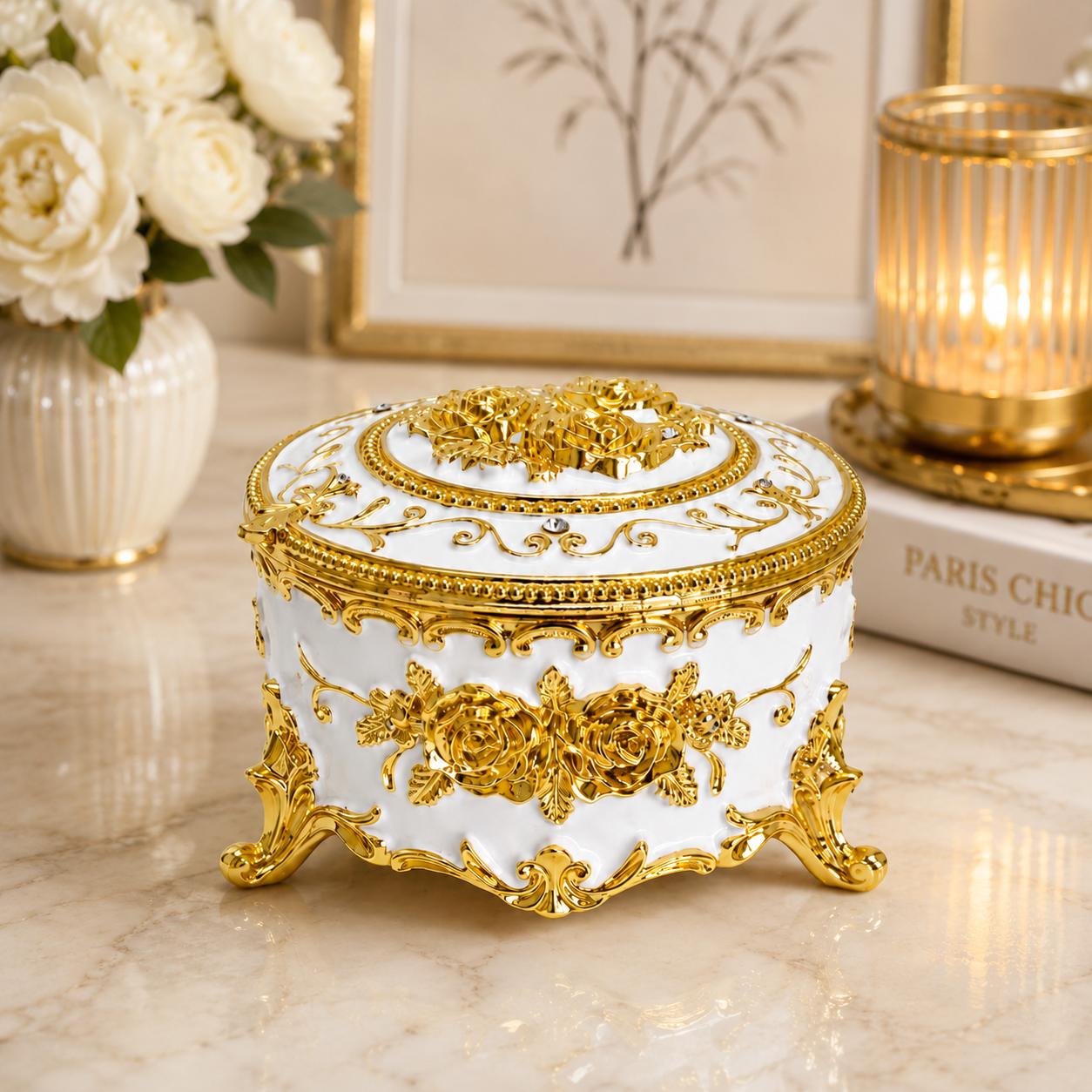 Yuvarlak Renkli Gold İşlemeli Mücevher Kutusu