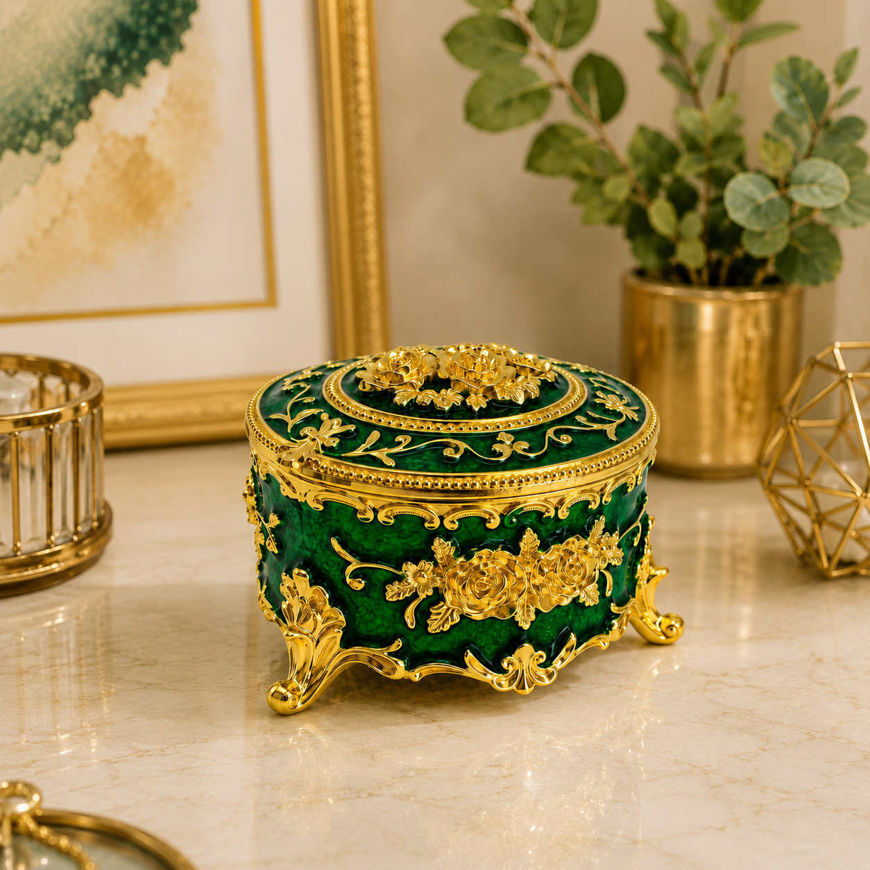 Yuvarlak Renkli Gold İşlemeli Mücevher Kutusu