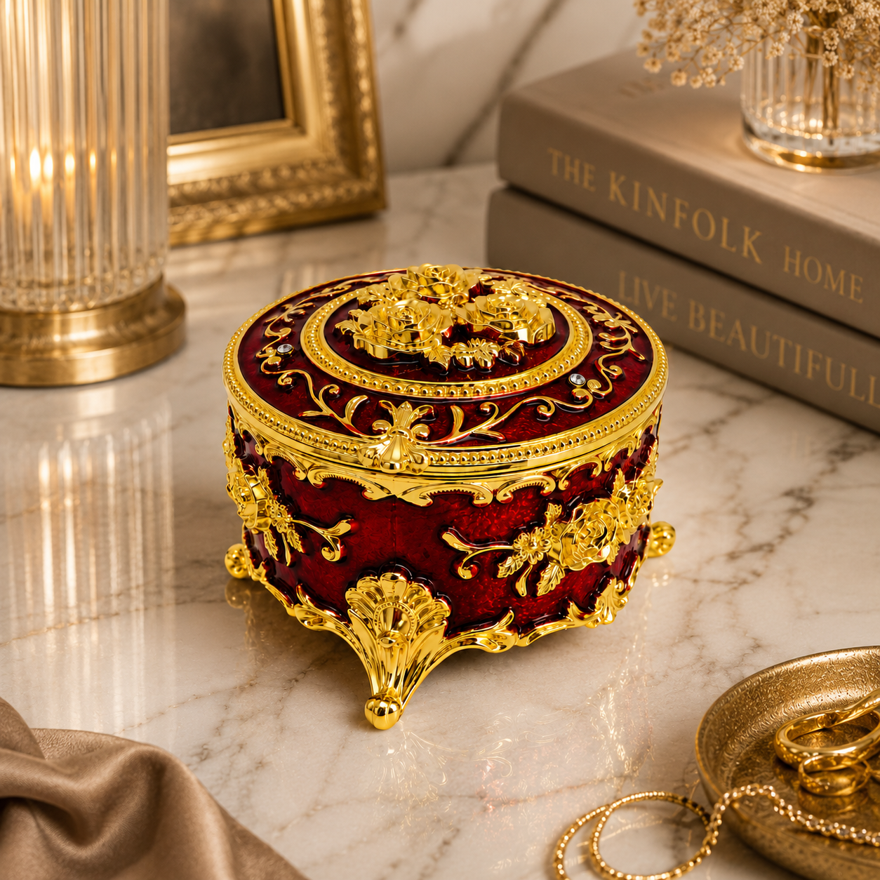 Yuvarlak Renkli Gold İşlemeli Mücevher Kutusu