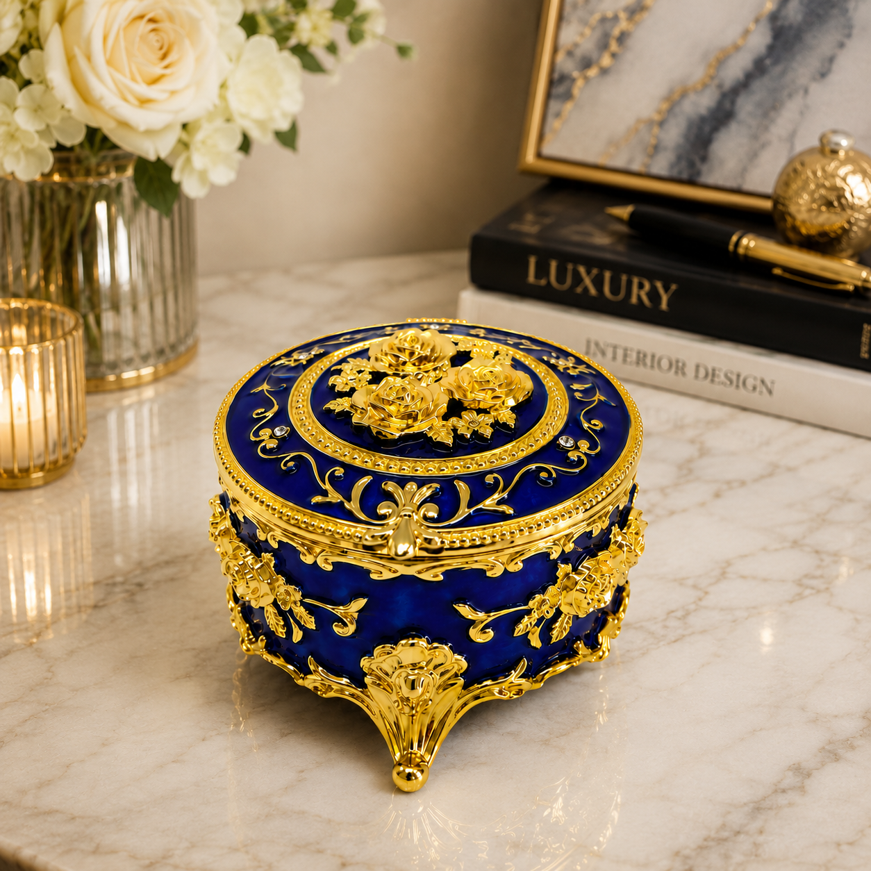 Yuvarlak Renkli Gold İşlemeli Mücevher Kutusu