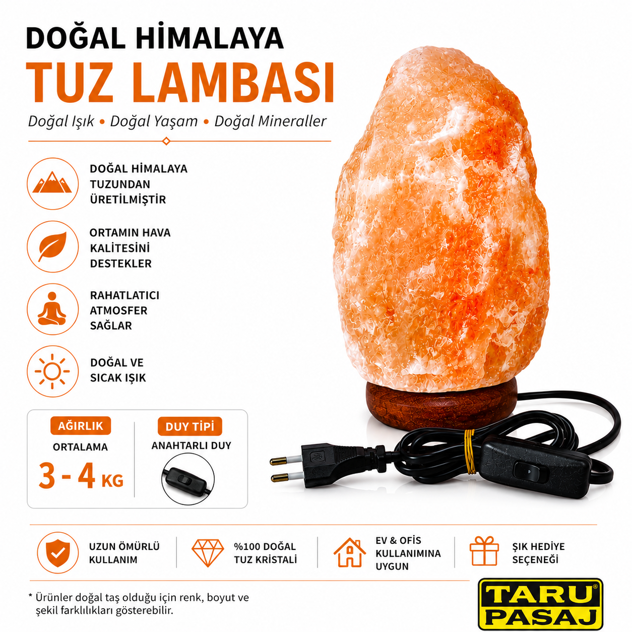 Himalaya Tuz Lambası 3-4 Kg %100 Doğal Kristal Kaya Tuzu Ev ve Ofis Dekoru