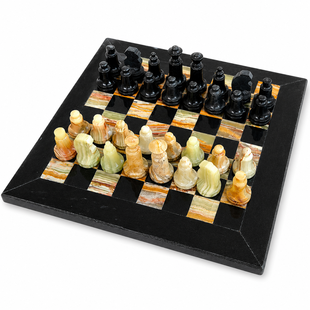 El Yapımı Siyah & Yeşil Oniks Doğal Taş Satranç Takımı 20x20 cm (8 İnç) | Dekoratif Mermer Satranç Seti | Hediyelik Premium Satranç