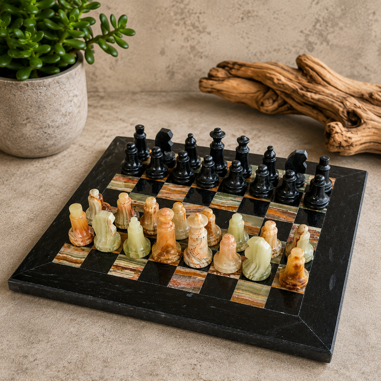 El Yapımı Siyah & Yeşil Oniks Doğal Taş Satranç Takımı 20x20 cm (8 İnç) | Dekoratif Mermer Satranç Seti | Hediyelik Premium Satranç