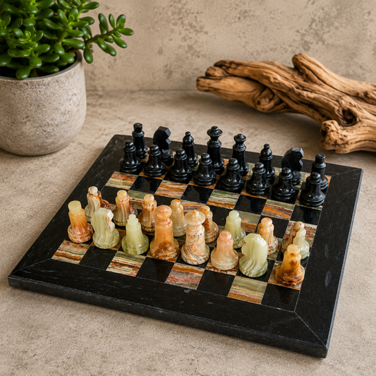 El Yapımı Siyah & Yeşil Oniks Doğal Taş Satranç Takımı 20x20 cm (8 İnç) | Dekoratif Mermer Satranç Seti | Hediyelik Premium Satranç