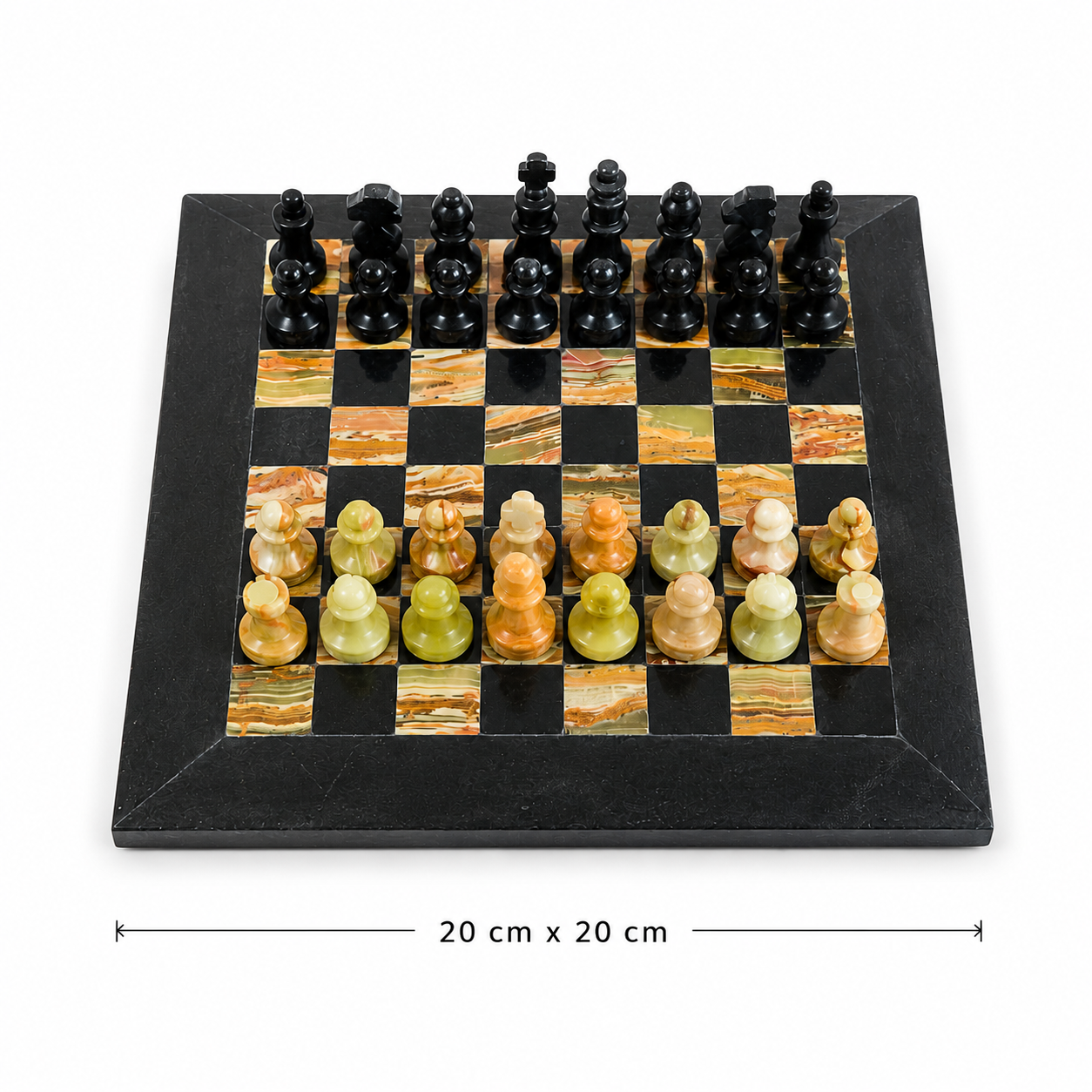 El Yapımı Siyah & Yeşil Oniks Doğal Taş Satranç Takımı 20x20 cm (8 İnç) | Dekoratif Mermer Satranç Seti | Hediyelik Premium Satranç