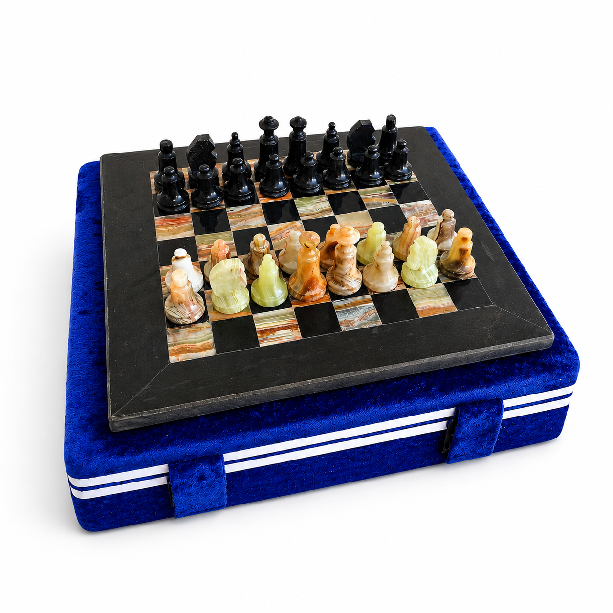 El Yapımı Siyah & Yeşil Oniks Doğal Taş Satranç Takımı 20x20 cm (8 İnç) | Dekoratif Mermer Satranç Seti | Hediyelik Premium Satranç