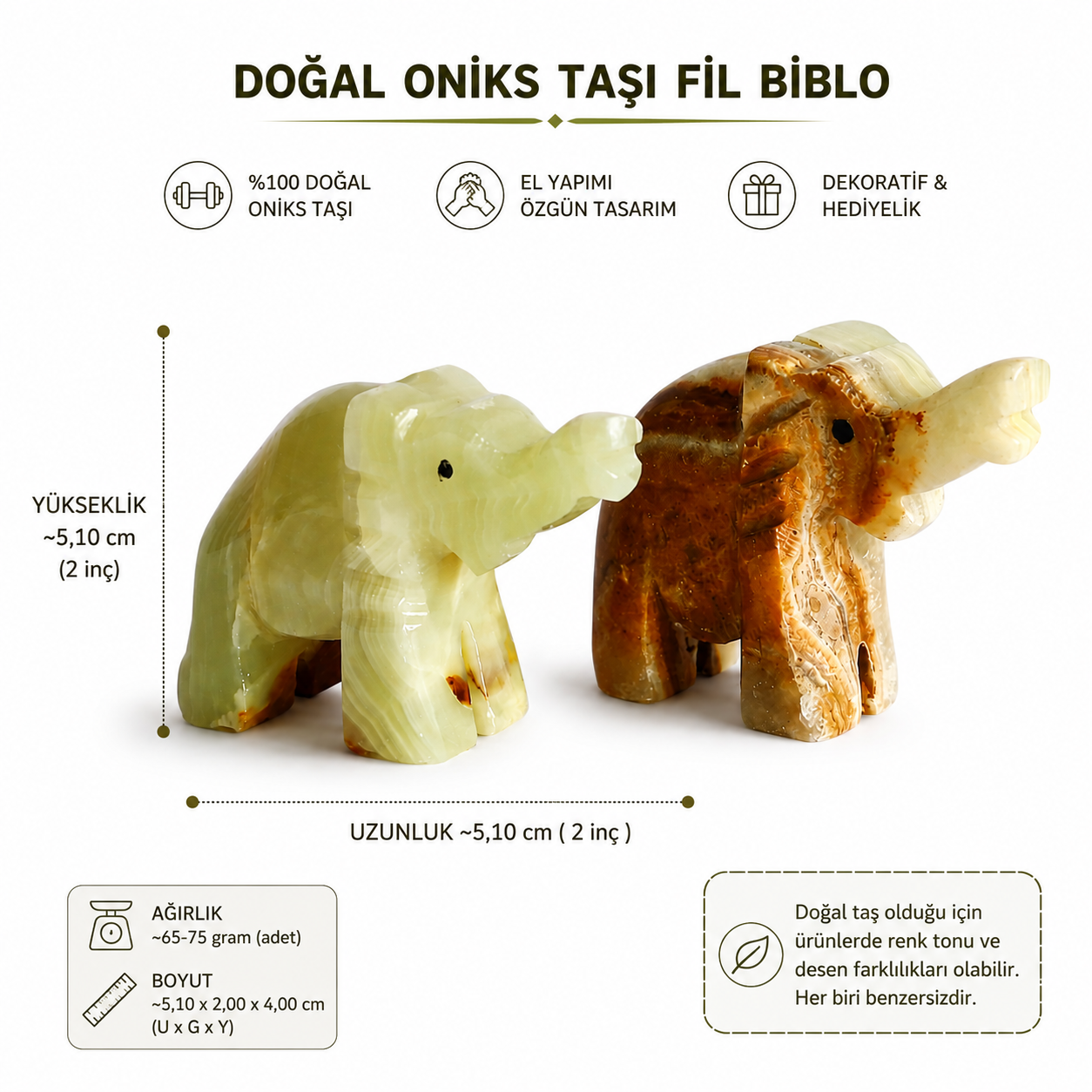 Doğal Oniks Taşı Fil Biblo 2 İnç (5,1 cm) El Yapımı Dekoratif Fil Figürü | Masa Üstü Ev Ofis Dekoru Hediyelik Doğal Taş Biblo