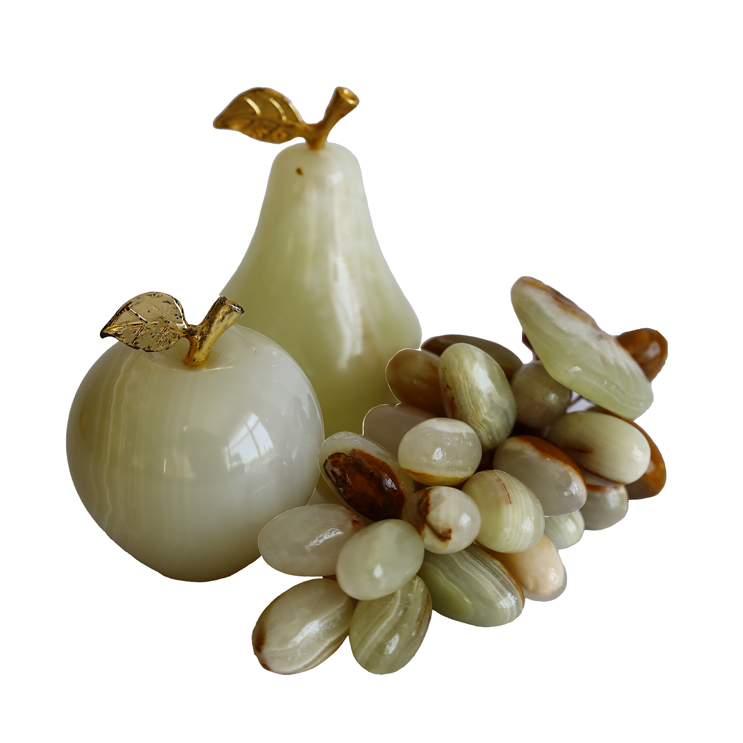 Natural Onyx Stone Fruit Set – 6 Inch Pedestal Bowl, Handcrafted Pear-Apple-Grape Decor, White & Coffee Patterned