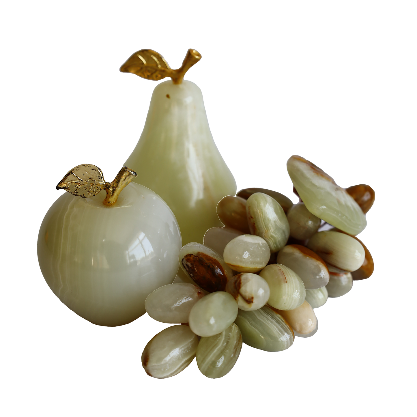 Onyx Natural Stone Fruit Set – 2” Apple, 2.3” Pear, 30-Count Grapes – White & Brown Color – Handmade Decorative Gift