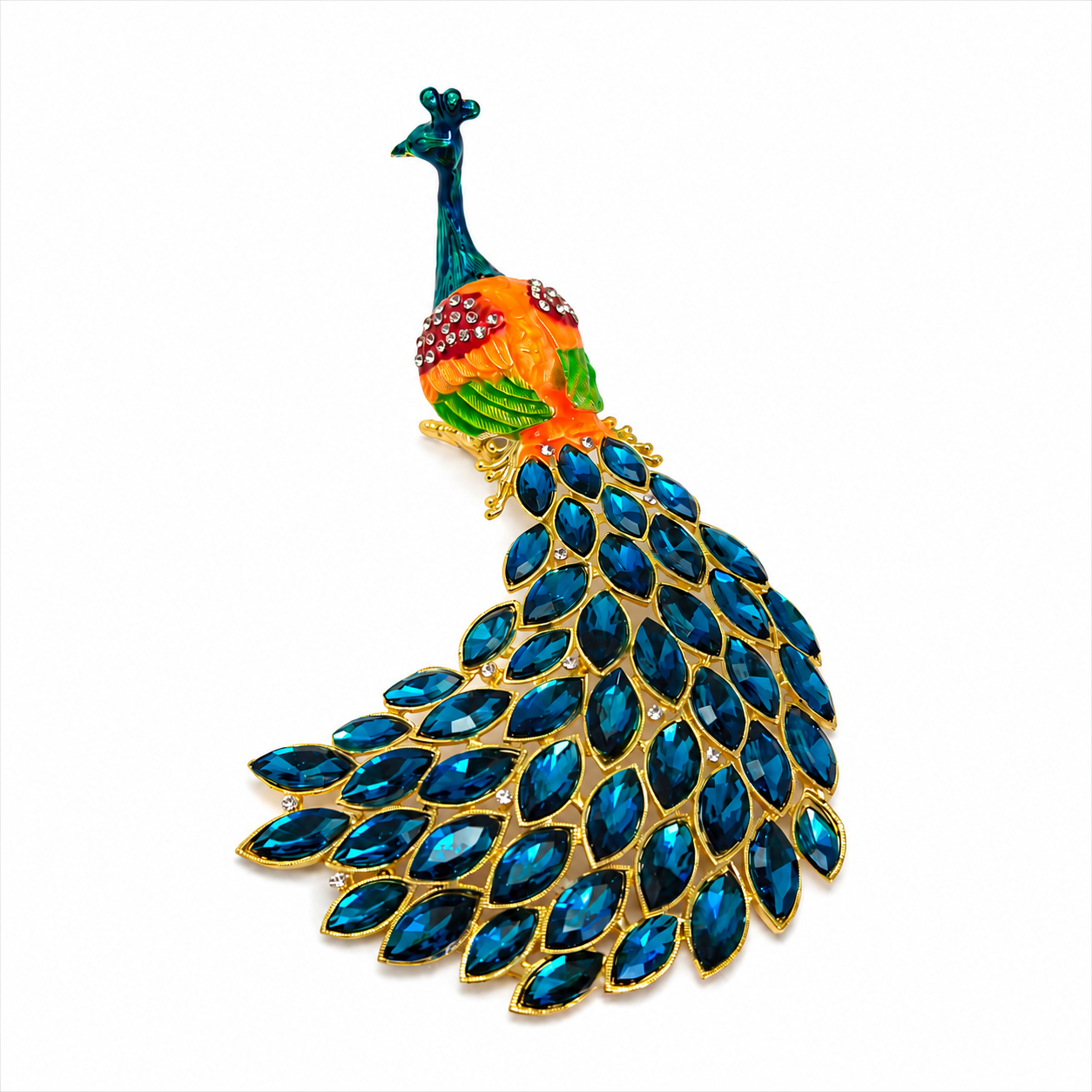 Kristal Taşlı Metal Tavus Kuşu Biblo 18x10 cm Dekoratif Hediyelik Masa ve Salon Süsü Lüks Ev Dekoru