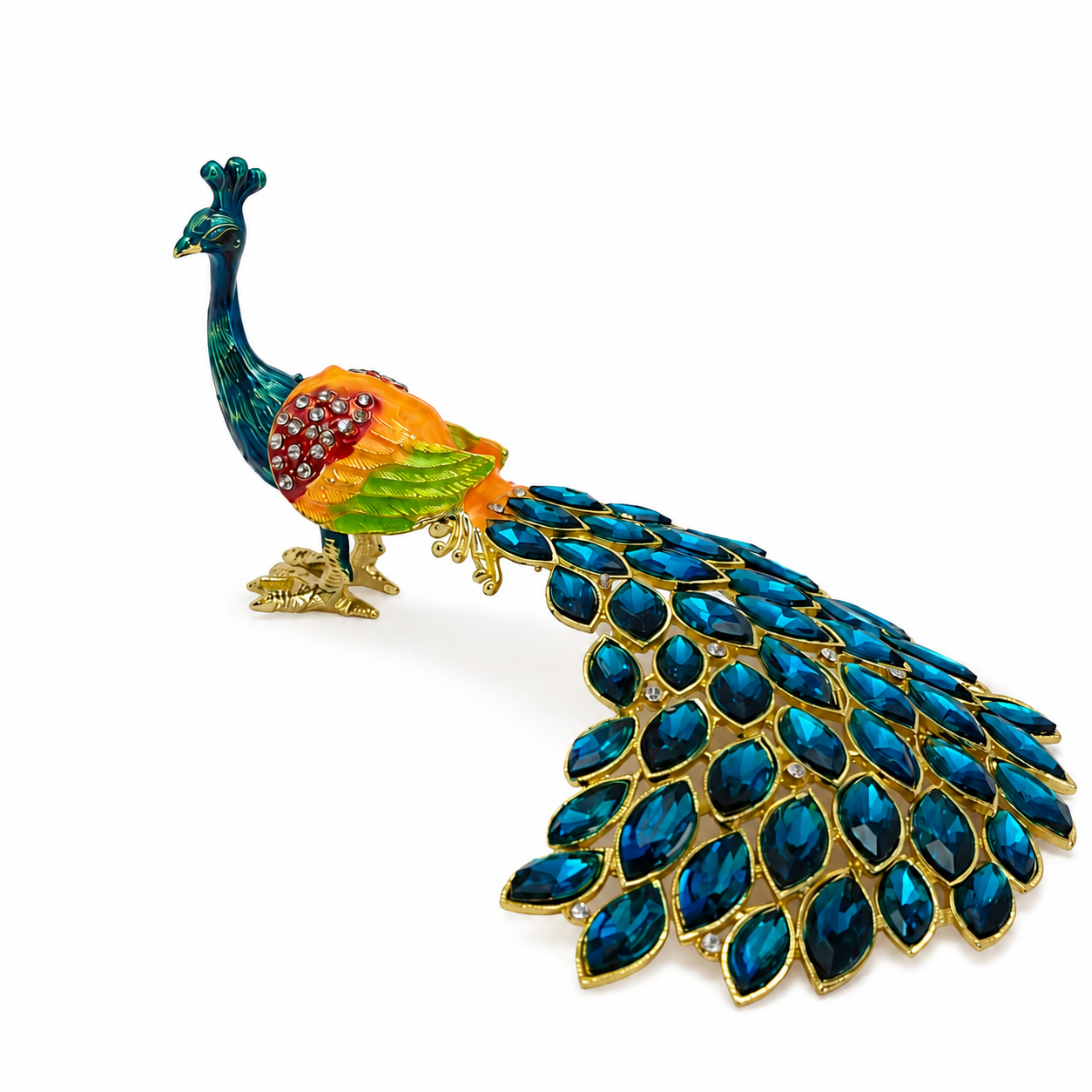 Kristal Taşlı Metal Tavus Kuşu Biblo 18x10 cm Dekoratif Hediyelik Masa ve Salon Süsü Lüks Ev Dekoru