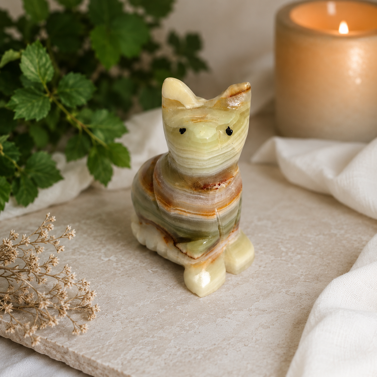 Doğal Taş Oniks Kedi Biblo 3 inç - El Yapımı Dekoratif Kedi Figürü – Hediyelik