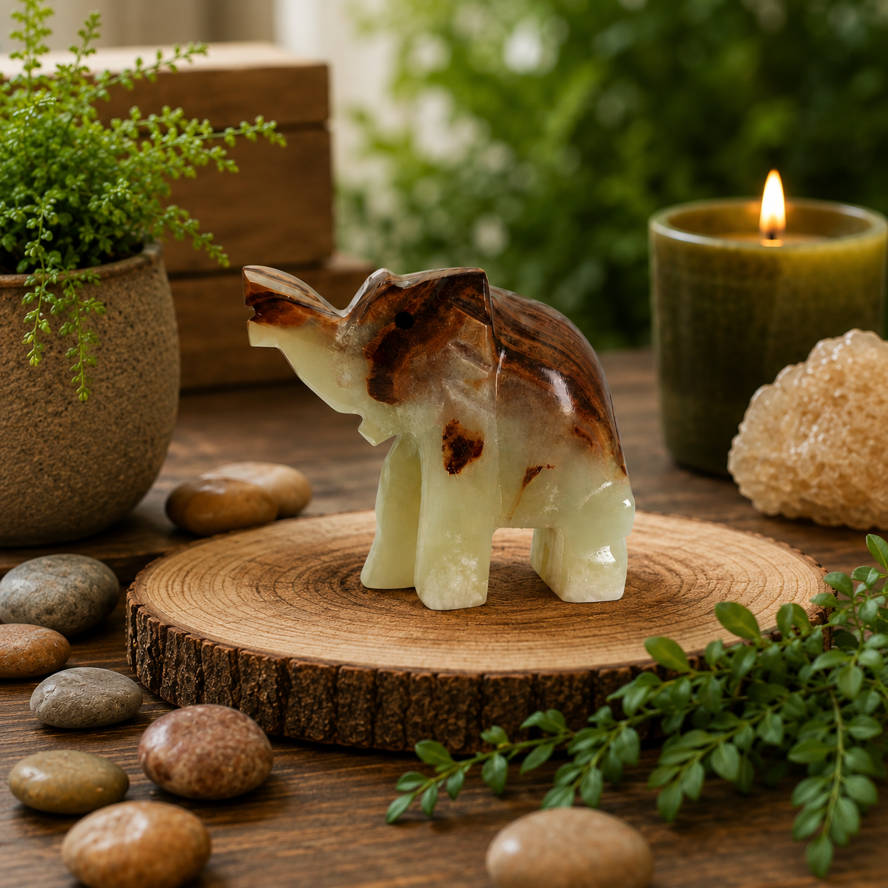 3 İnç Oniks Fil Biblo – Feng Shui Bereket Sembolü, Doğal Taş Dekoratif Fil, 7x8 cm