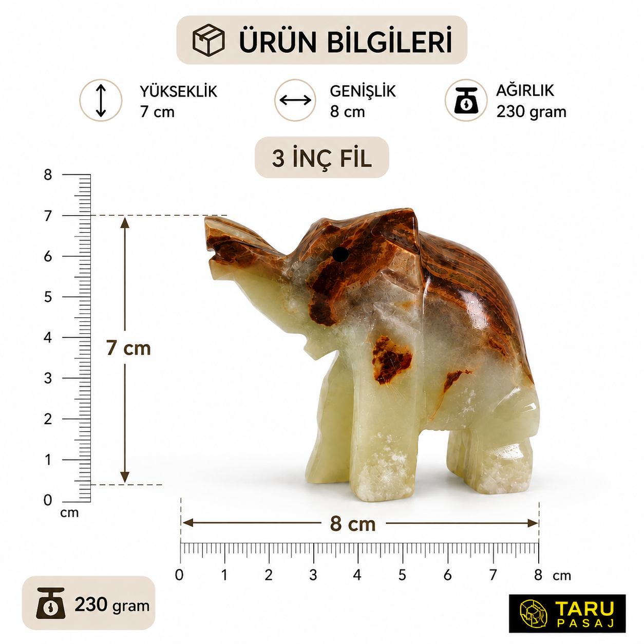 3 İnç Oniks Fil Biblo – Feng Shui Bereket Sembolü, Doğal Taş Dekoratif Fil, 7x8 cm