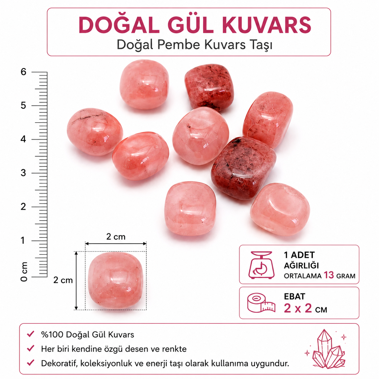 Doğal Gül Kuvars  – Tamburlanmış Gül Kuvars Doğal Taş – 1 / 3 / 6 Adet
