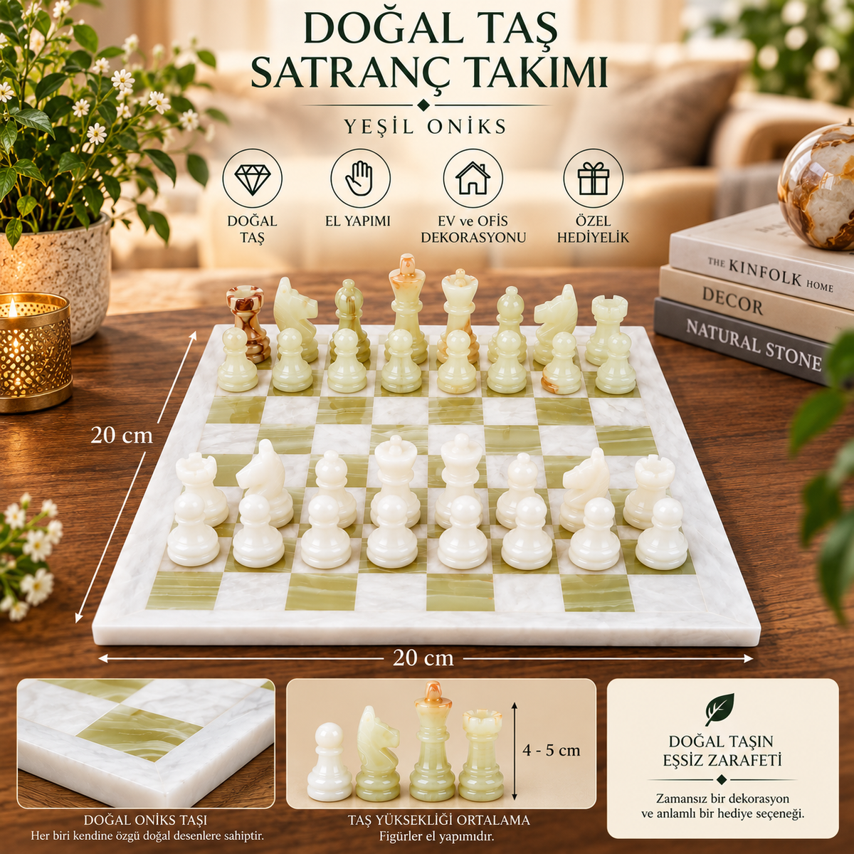 Yeşil Oniks Doğal Taş Satranç Takımı 10 İnç 25x25 cm Dekoratif Hediyelik Satranç Seti