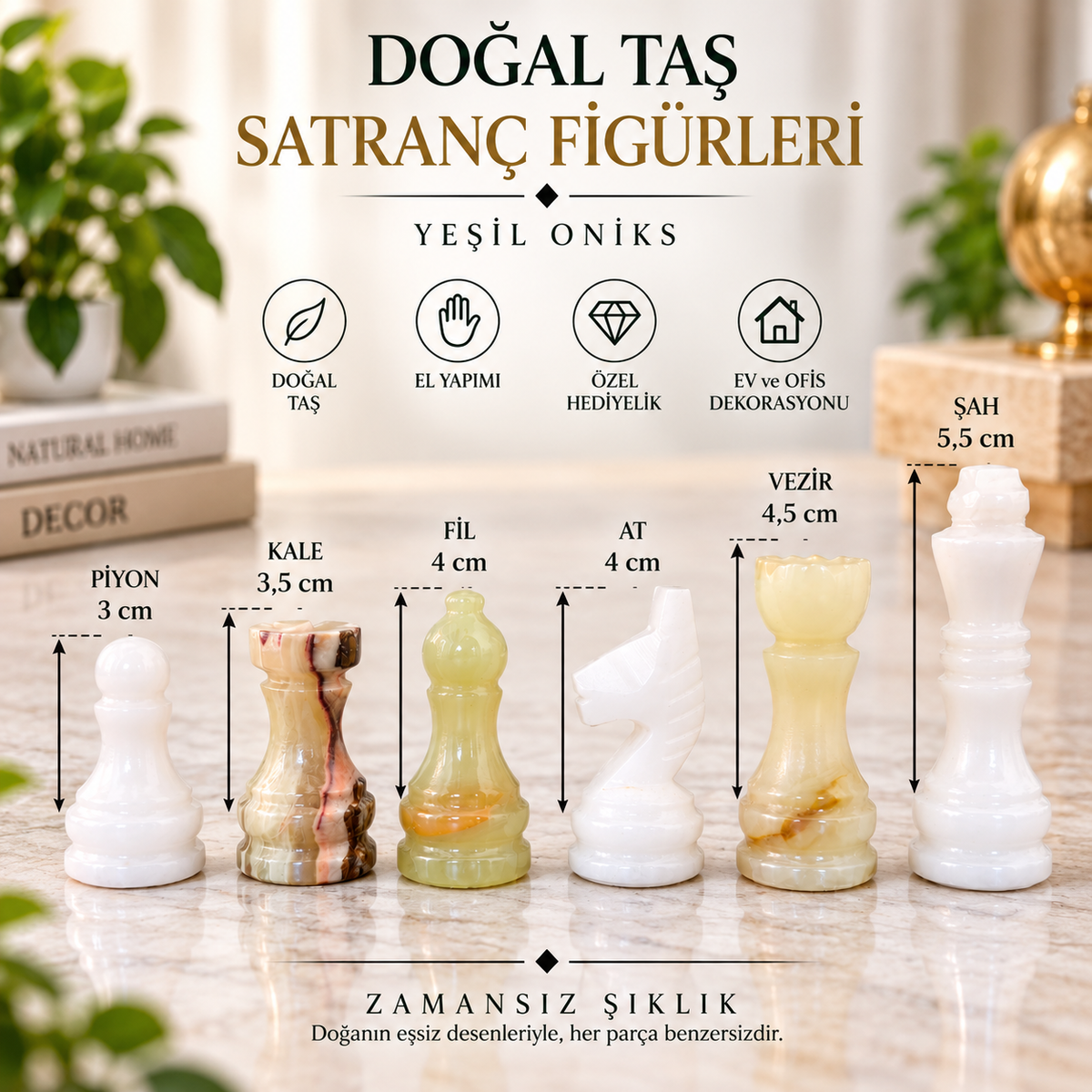 Yeşil Oniks Doğal Taş Satranç Takımı 10 İnç 25x25 cm Dekoratif Hediyelik Satranç Seti