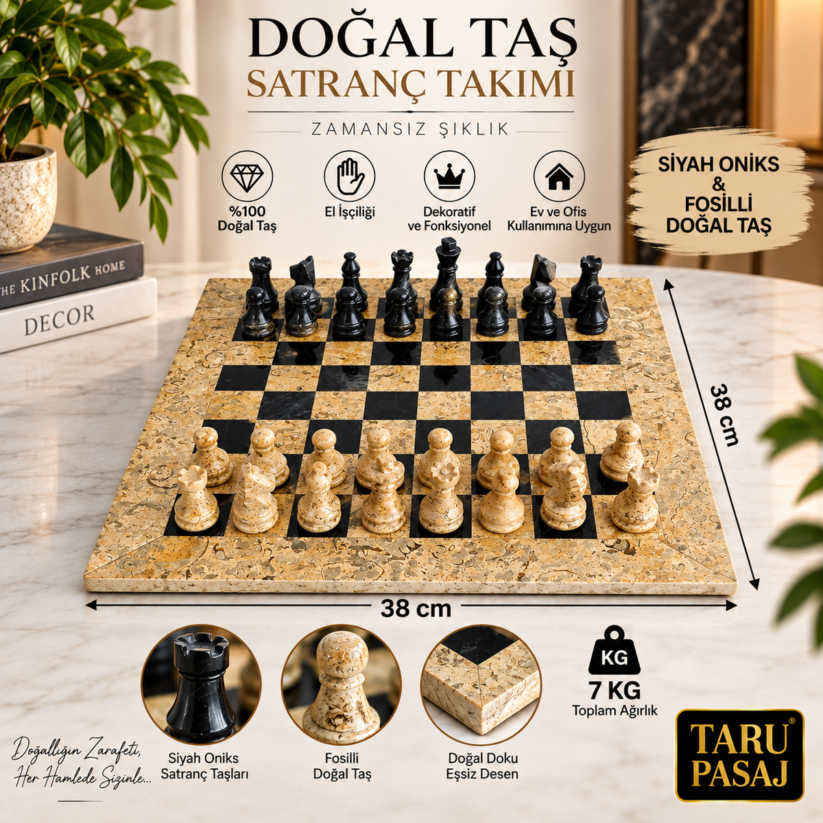 Siyah Oniks ve Fosilli Doğal Taş Satranç Takımı 38x38 cm El Yapımı Dekoratif Satranç Seti