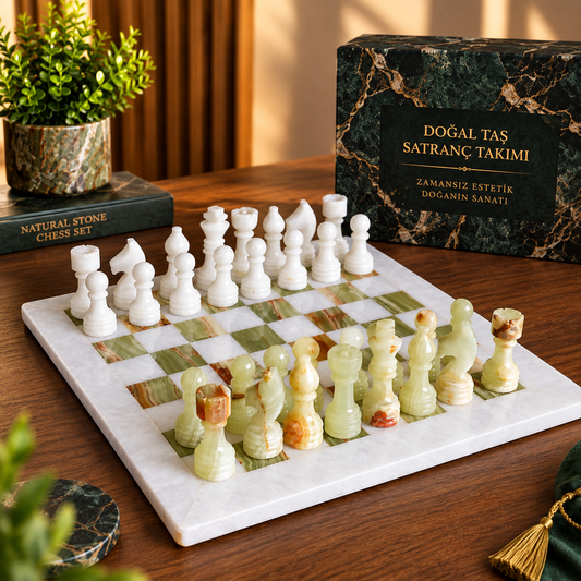 15 İnç Yeşil Oniks Doğal Taş Satranç Takımı 38x38 cm Premium Özgün Hediye Kutulu