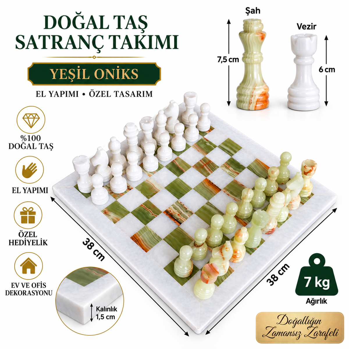 15 İnç Yeşil Oniks Doğal Taş Satranç Takımı 38x38 cm Premium Özgün Hediye Kutulu