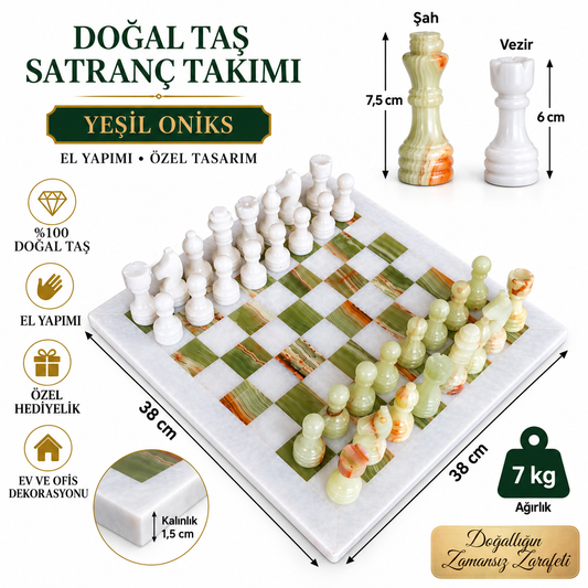 15 İnç Yeşil Oniks Doğal Taş Satranç Takımı 38x38 cm Premium Özgün Hediye Kutulu