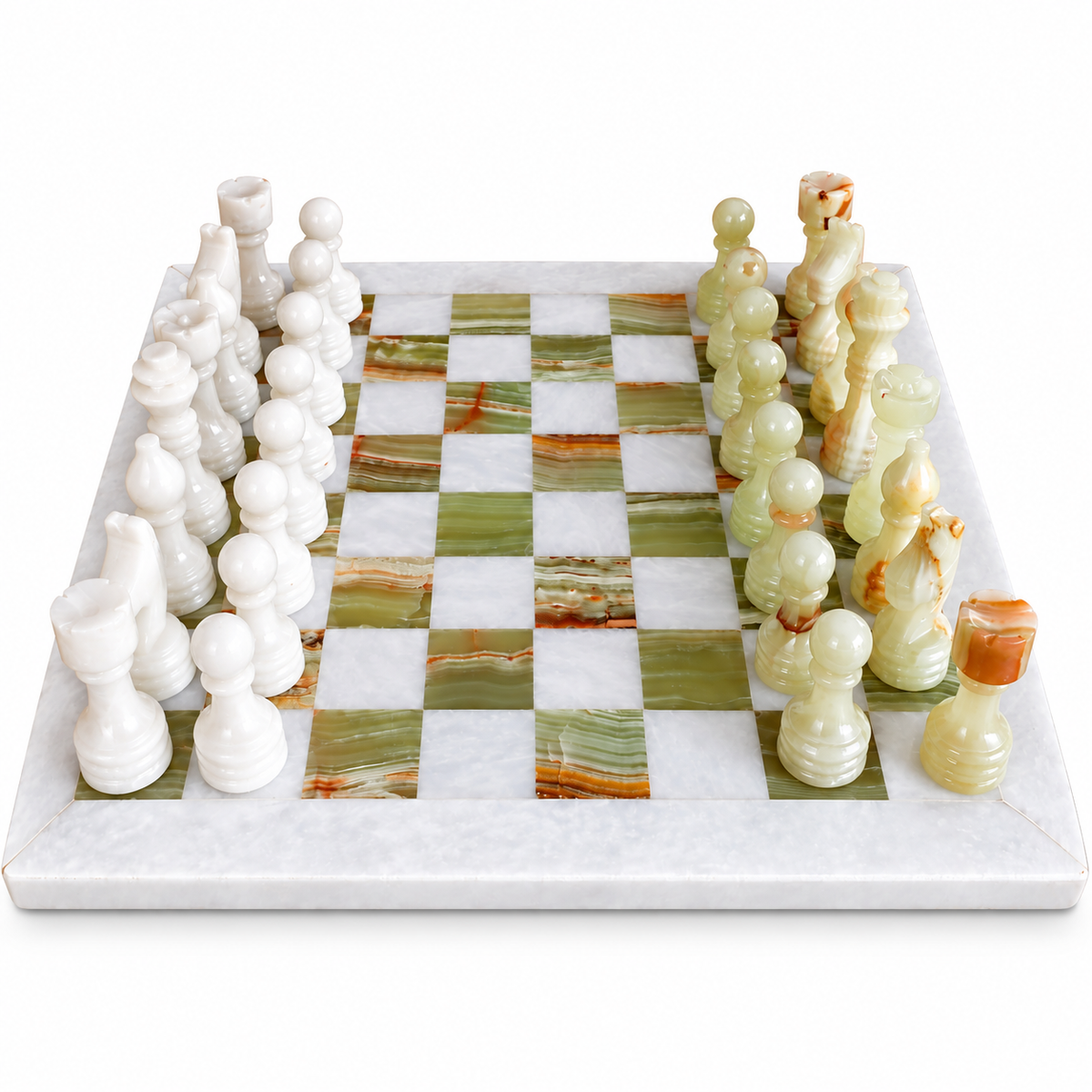 15 İnç Yeşil Oniks Doğal Taş Satranç Takımı 38x38 cm Premium Özgün Hediye Kutulu