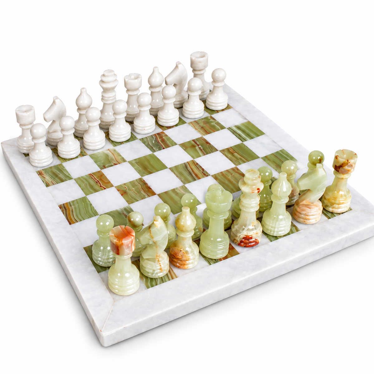 15 İnç Yeşil Oniks Doğal Taş Satranç Takımı 38x38 cm Premium Özgün Hediye Kutulu