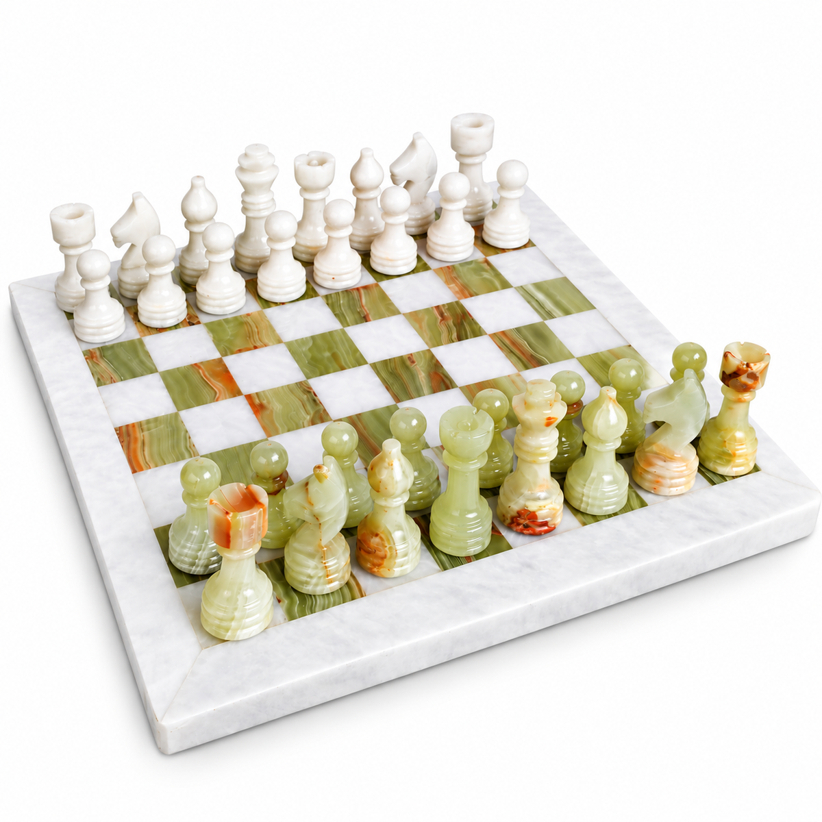 15 İnç Yeşil Oniks Doğal Taş Satranç Takımı 38x38 cm Premium Özgün Hediye Kutulu