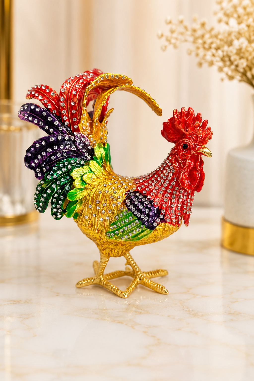 Kristal Taşlı Horoz Biblo Battal Boy 19x15 cm | Dekoratif Masaüstü Süsü | Şans, Bereket ve Güç Sembolü | Hediyelik Ev & Ofis Dekoru
