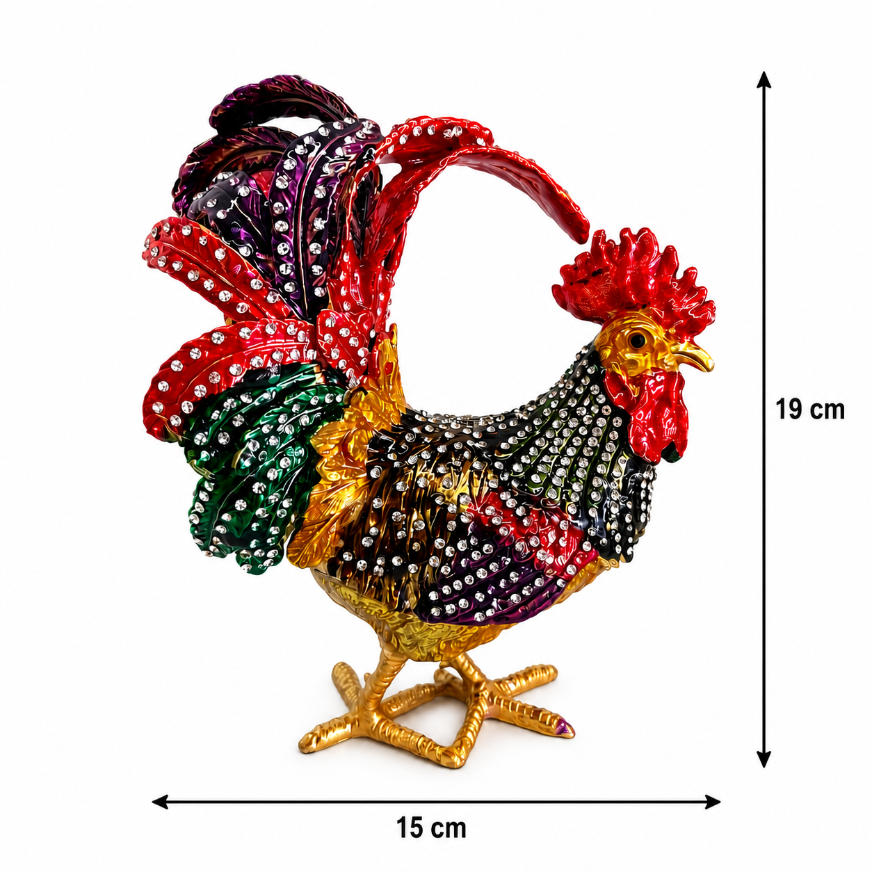 Kristal Taşlı Horoz Biblo Battal Boy 19x15 cm | Dekoratif Masaüstü Süsü | Şans, Bereket ve Güç Sembolü | Hediyelik Ev & Ofis Dekoru
